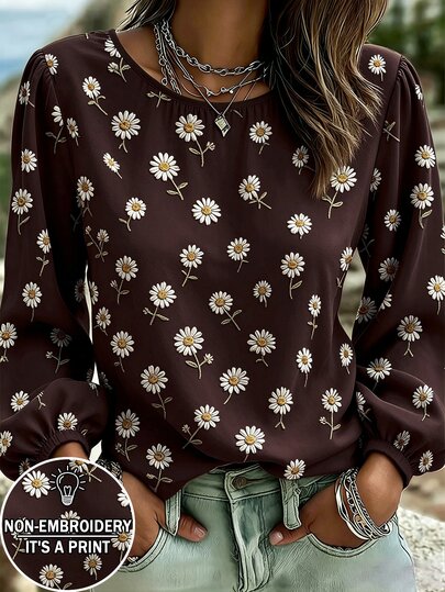Selamara Bluză casual de damă cu mânecă lungă, stil vintage pastoral forest, cu imprimeu de margarete și broderie faux embossed, croială largă dreptă, pentru vacanță de vară și purtare zilnică