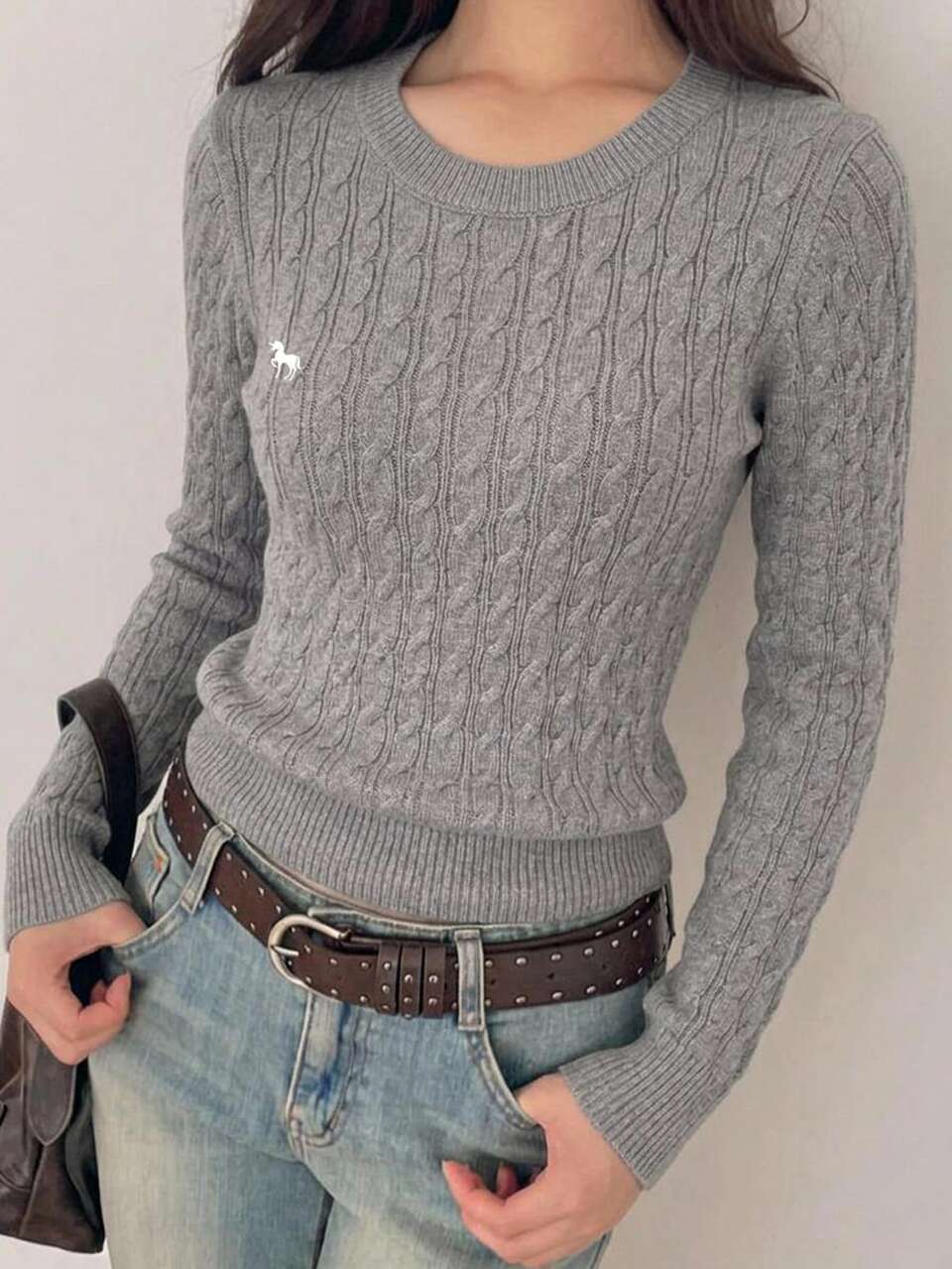 Women's Pattern Embroidered Fitted Long Sleeve Crew Neck Cable Knit Casual Vacation Korean Style Autumn/Winter Sweater