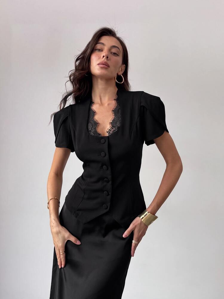 Aloruh Women's Elegant U-Neck Lace Patchwork Slim Fit Waist-Cinching Short Sleeve Blazer - Black - View 3
