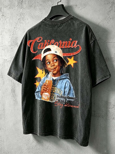 Chillumni Men's Letter & Cartoon Print Casual Daily Short Sleeve T-Shirt