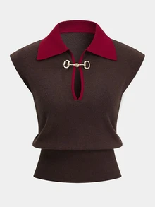 Lavishia Vintage Elegant Metal Button Knitted Vest - Rust Brown - View 1