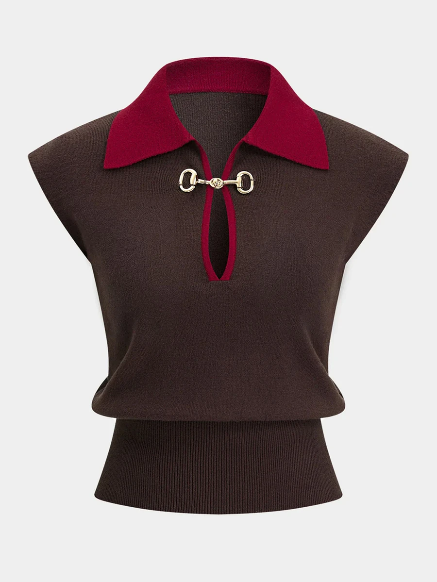 Lavishia Vintage Elegant Metal Button Knitted Vest - Rust Brown - View 1