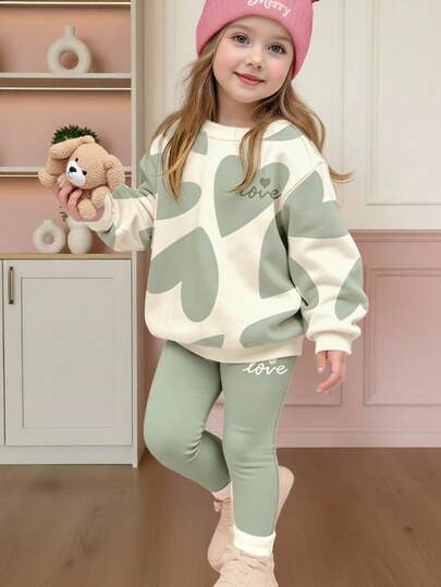 Young Girl Young Girl Kids Light Pink Winter Career Day Set, Heart Print Long Sleeve Autumn Sweatshirt And Legg