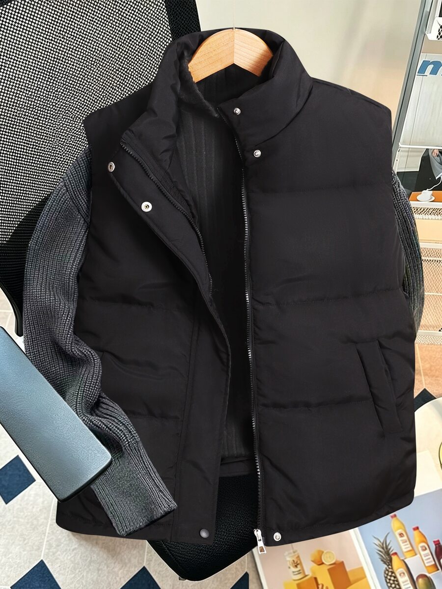 青少年男孩 1件裝 黑色時尚絎縫冬季背心 - 黑色 - 查看 1