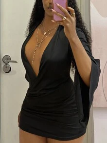 StreetHx Deep V-Neck Bell Sleeve Sexy Bodycon Dress Halloween Club Going Out Night Out Black Autumn - Black - View 4