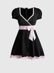 Sweetness Vintage Petal Sleeve Polka Dot Ruffle Sweet Lace Patchwork A-Line Mini Dress For Women - Black - View 1