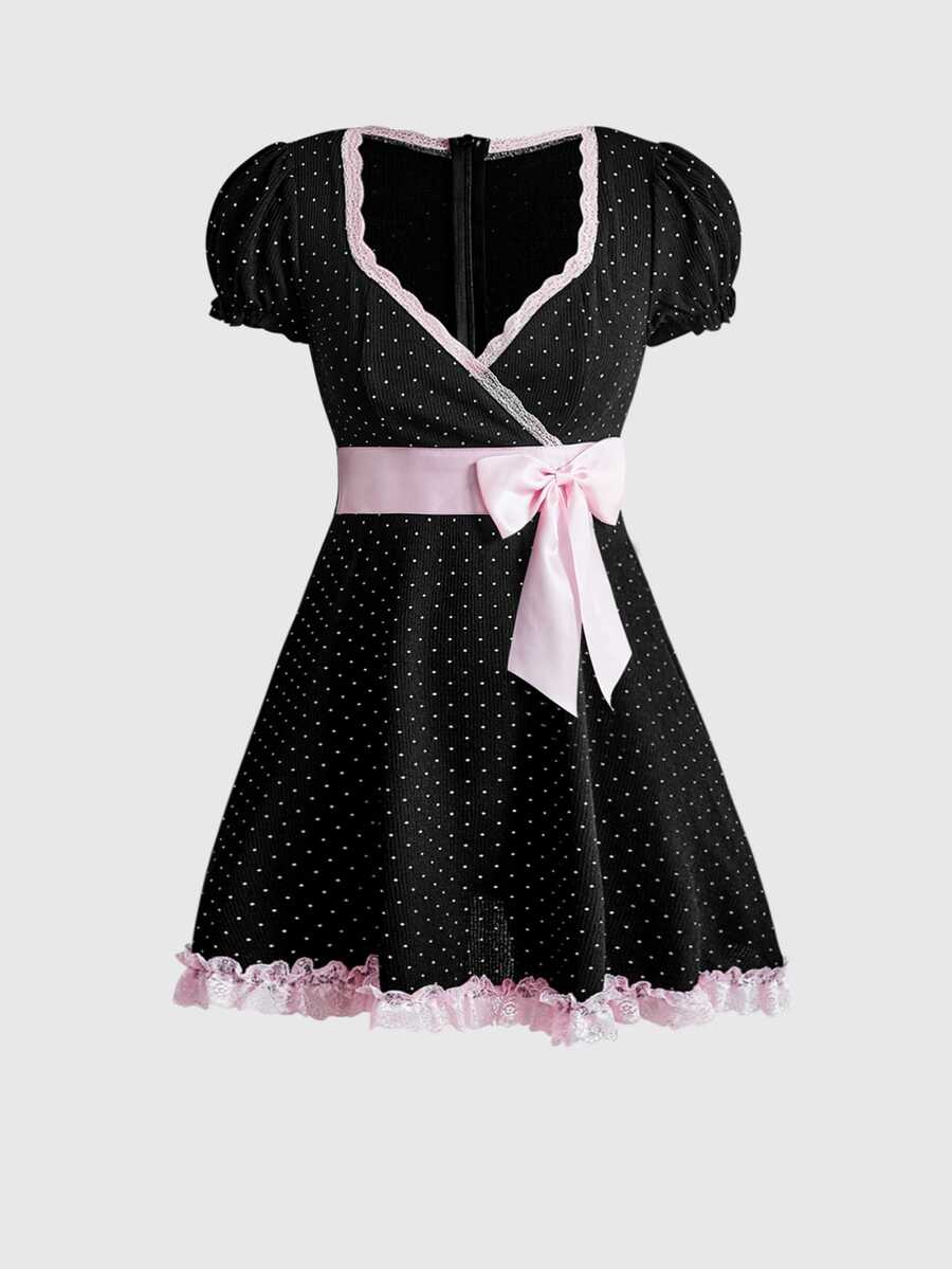 Sweetness Vintage Petal Sleeve Polka Dot Ruffle Sweet Lace Patchwork A-Line Mini Dress For Women - Black - View 1