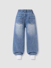 SHEIN 少女 Y2K 街頭風日常彈性腰直筒牛仔褲，附平口袋，秋冬 OOTD - 中等水洗藍 - 查看 2