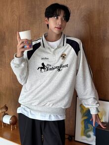 DAZY 男士字母印花條紋鈕扣半拉鍊運動衫 - 彩色 - 查看 5