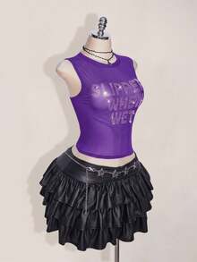 SHEIN ICON 大尺碼 Y2K 夏季黑色性感透視網紗水鑽亮片露背修身背心上衣（附水鑽字母裝飾） - 紫色 - 查看 6