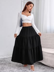 SHEIN PETITE 女款純色鬆緊腰褶邊休閒裙 - 黑色 - 查看 6