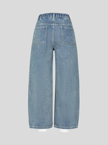 SHEIN Girls' Y2K Washed Distressed Rhinestone Letter Wide Leg Jeans, Tween GirlsElastic Waist Loose Straight Leg Long Pants, All-Over Shiny Rhinestone Decor Vintage Casual Versatile Daily Streetwear Blue Denim - Blue - View 2