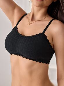 Ocili 1pc Pure Cotton Floral Lace Trim Wire-Free Non-Padded Bra - Black - View 5