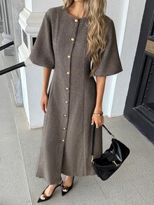 Pariaura New Vintage Long Sleeve Single-Breasted Loose Slimming Elegant Commute Herringbone Wool Long Dress - Multicolor - View 5