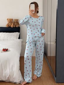 Napfluff 條紋櫻桃印花女款睡衣套裝 - 彩色 - 查看 3