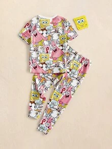 SpongeBob SquarePants | SHEIN Young Girl Cartoon Print Short Sleeve Top And Long Pants Casual Daily Home Pajama Set - Multicolor - View 2