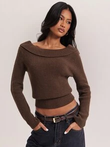 SHEIN BAE Autumn/Winter New Vintage Maillard Style Folded Collar Back Large U-Shaped Open Back Metal Buckle Design Ribbed High Waist Cinched Long Sleeve Women's Sweater - Coffee Brown - View 2