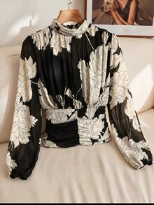 SHEIN Clasi Women's Floral Print Stand Collar Long Sleeve Ruched Waist Blouse - Multicolor - View 3
