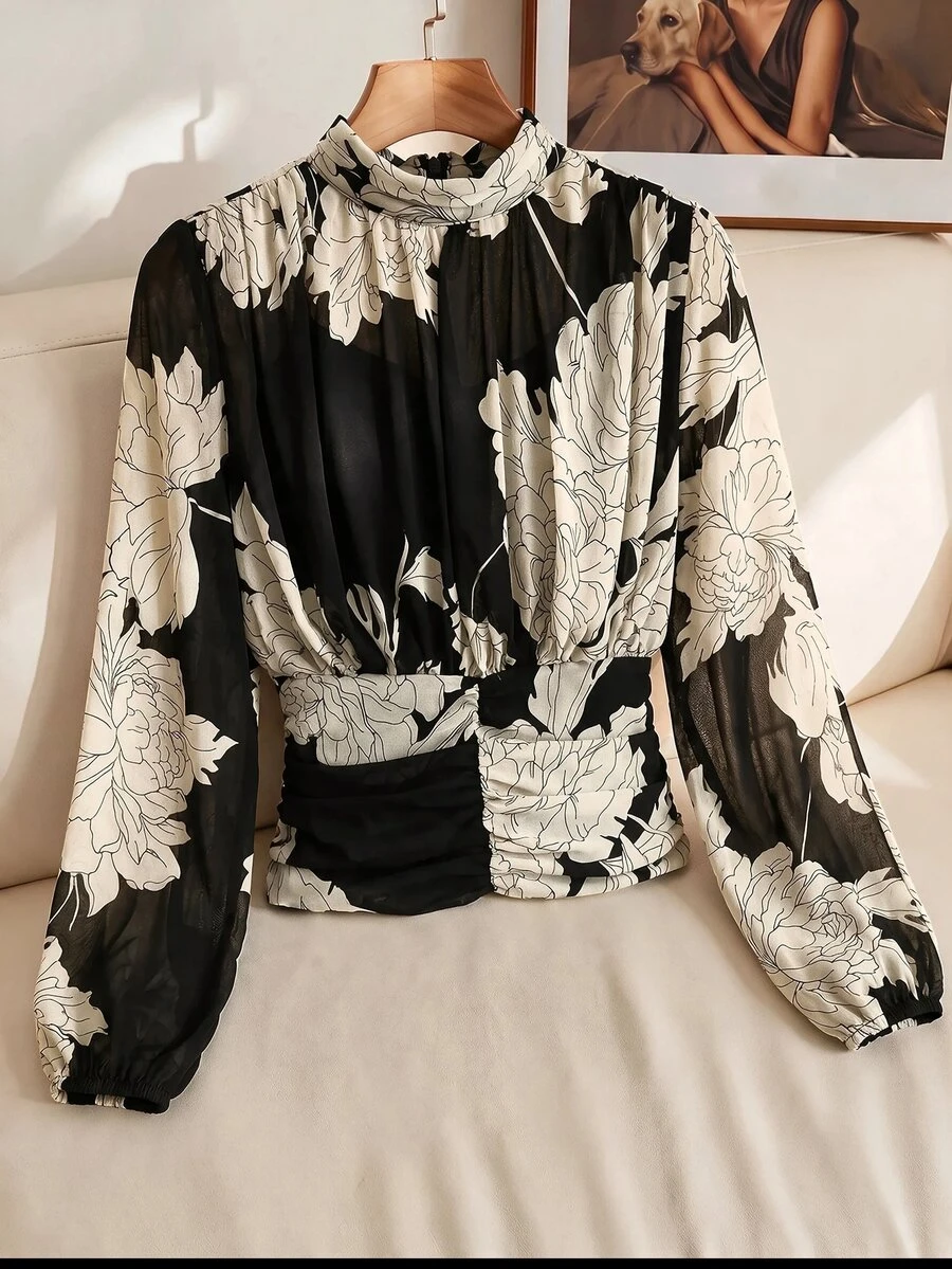 SHEIN Clasi Women's Floral Print Stand Collar Long Sleeve Ruched Waist Blouse - Multicolor - View 1