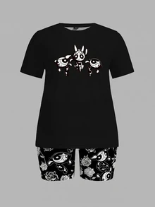 Slaydiva THE POWERPUFF GIRLS X SHEIN 大尺碼女款卡通印花短袖上衣與短褲兩件套 - 彩色 - 查看 6
