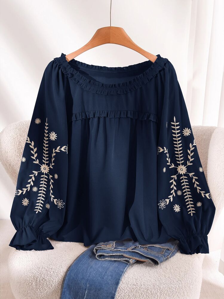 CosyJoli Plus Size Women's Floral Print Casual Daily Wear Shirt - Navy Blue - View 1