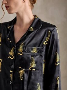 EverLounge Animal Print Faux Silk Open Front Lapel Long Sleeve Long Pants Women's Pajama Set - Black - View 6