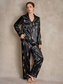 EverLounge Animal Print Faux Silk Open Front Lapel Long Sleeve Long Pants Women's Pajama Set - Black - View 7