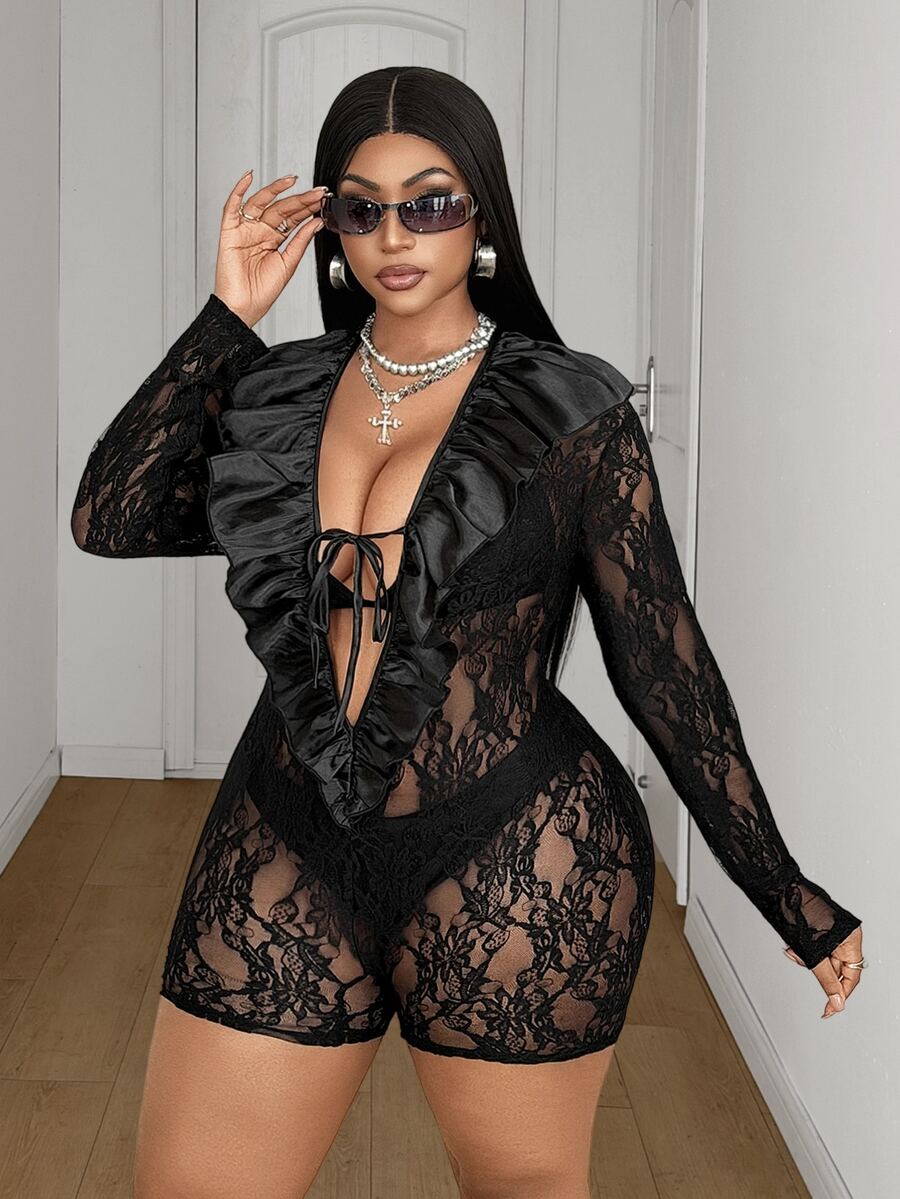 Maweii Plus Size New Lace Sexy Fitted Ruffle Trim Romper Shorts Fall - Black - View 1