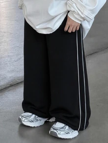 1件男童休閒運動直筒長褲，百搭時尚簡約實用，柔軟舒適，附裝飾抽繩與腰繩，適合日常穿著、上學、外出、運動，四季皆宜 - 黑色 - 查看 3