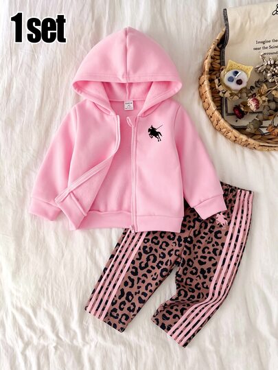 1 Set Baby Girl Comfortable Black Pony Zipper Hooded Sweatshirt And Leopard Print Sweatpants Outfit, Suitable For Autumn/Winter