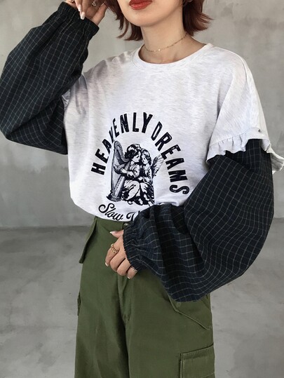 FRIFUL Women's Letter Angel Print 2 In 1 Long Sleeve Casual T-Shirt
