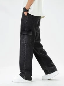 SHEIN Mirajuku 青少年男孩戶外休閒工裝直筒牛仔褲 - 黑色 - 查看 4