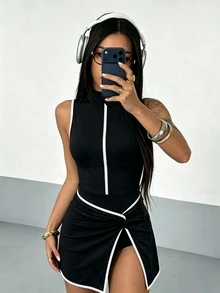 Dewbera Dewbera Women's Sleeveless Solid Color Collared Fashion Minimalist Slimming Sports Dress - Black - View 4