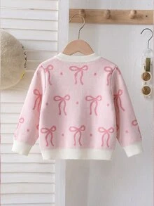 女嬰甜美蝴蝶結提花針織開襟衫，可愛單排扣針織毛衣外套，適合嬰兒與幼兒 - 彩色 - 查看 5