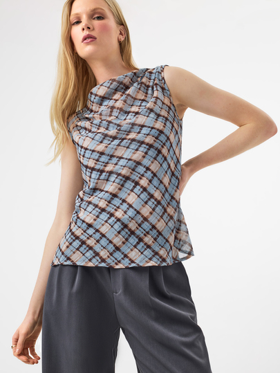 KÆRIA Hus Draped Cowl-Neck Top - Airy Georgette - Blue Plaid Print - Regular Fit, Asymmetric Hem, Check Top, Elegant, Cute, School, 10s, Print