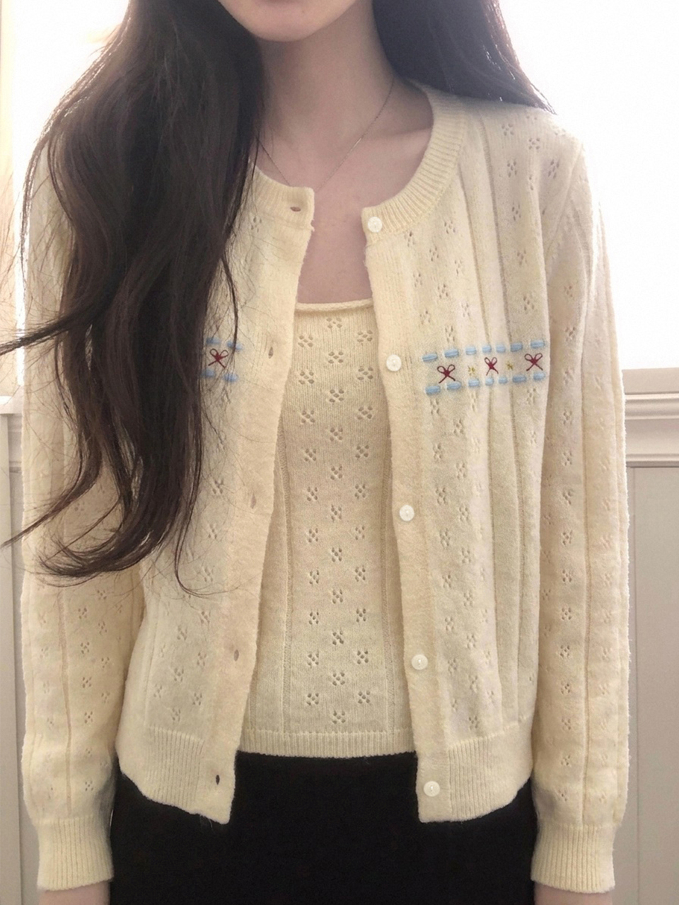 Hollow Out Fitted Camisole Loose Jacquard Embroidered Long Sleeve Cardigan Casual Holiday Korean Style Girl Autumn/Winter Sweater 2-Piece Set For Women