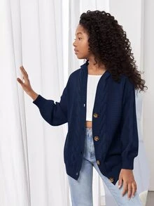 SHEIN 青少年女孩純色休閒百搭日常穿搭開襟衫 - 藍色 - 查看 5