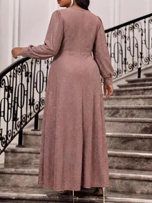 Fleurora Plus Size Women Solid Color Elegant Waist-Cinched Party Dress Fall - Gold - View 4
