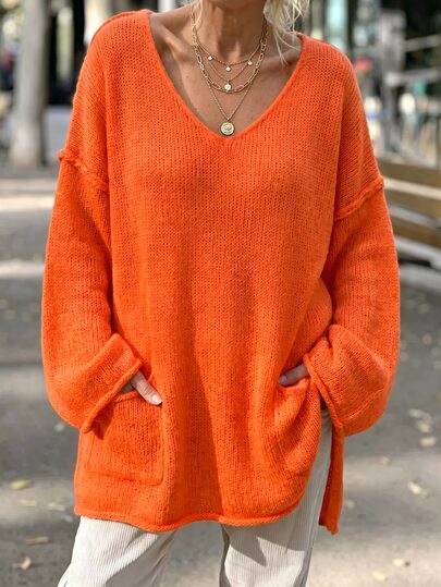 Balvessa Women's Casual Lazy Style Deep V-Neck Drop Shoulder Wide Sleeve Hem Double Patch Pockets Side Slit Versatile Sweater