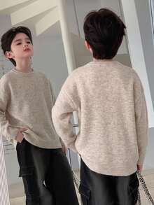 Dazy Kids Boys (Large) Crew Neck Casual Long Sleeve Loose Fit Basic Solid Color Autumn/Winter Sweater - Apricot - View 3