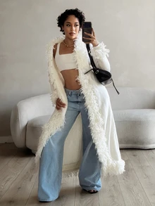 Slaydiva American Pure Desire Style Frayed Hem Tassel Extra Long Sleeve Cover Up Deep V Neck Cinched Waist Slim Fit High Slit Long Knit Cover-Up Street Beige White Jacket Date Night Club Casual Cover-Up-A - Apricot - View 1