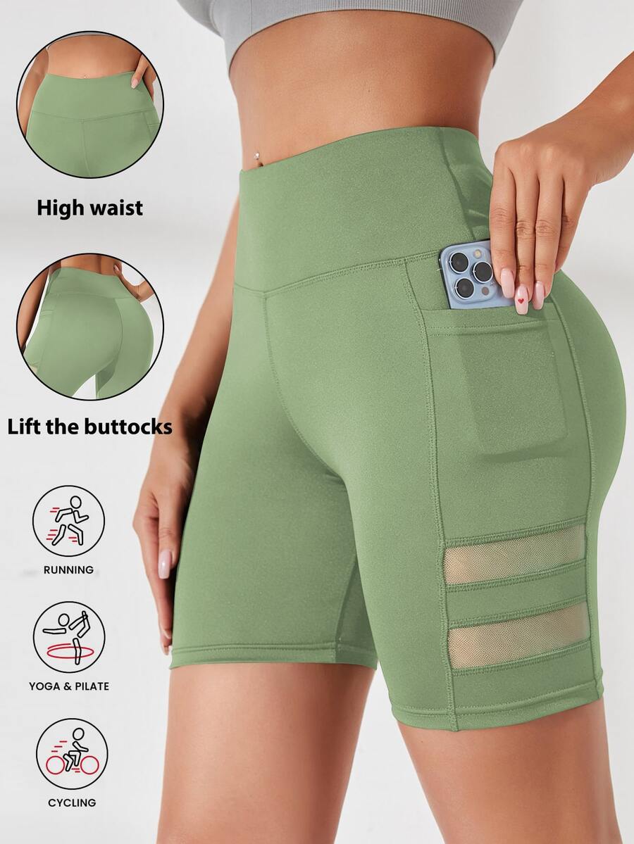 SHEIN Sports 網格拼接高腰無縫運動短褲(附口袋) - 綠色 - 查看 1