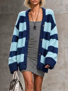 SHEIN 秋冬新款條紋仿貂毛針織開襟毛衣女款 - 藍色 - 查看 1