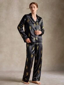 EverLounge Animal Print Faux Silk Open Front Lapel Long Sleeve Long Pants Women's Pajama Set - Black - View 5