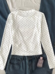 青少年女孩 T-shirt 套裝 秋季可愛波點櫻桃印花長袖 T-shirt，適合日常穿著與返校穿搭 - 白色 - 查看 2