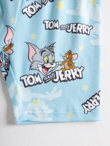 TOM & JERRY X SHEIN Young Boy Cartoon Print Short Sleeve Top And Fitted Shorts Loungewear Set - Blue - View 6