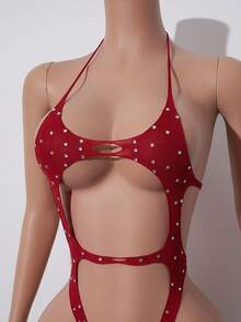 AltCore Burgundy Halloween High Elasticity Rhinestone Decor Shiny Y2K Charming Personalized Women's Sexy Jumpsuit - Red - View 3