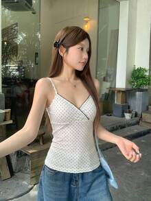 DAZY 女款夏季休閒韓風波點細肩帶背心 - 白色 - 查看 3