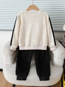2件組小男孩休閒運動學院風街頭可愛酷感單車圖案拼接素色條紋運動衫+長褲，適合日常穿著、上學、旅行、運動，春秋季穿搭，為男孩提供多種搭配選擇，增加服裝組合多樣性 - 彩色 - 查看 2