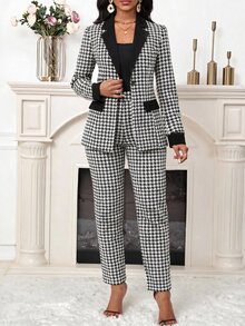SHEIN Lady Women's Houndstooth Long Sleeve Jacket And Pants Casual Commute Suit Set - Black and White - View 4